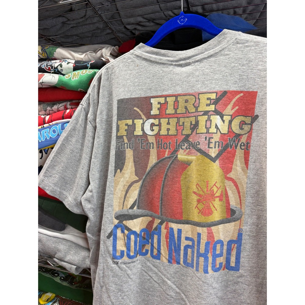 Vintage Coed Naked Firefighting T Shirt Mens Large Grey 90s USA Made 6466